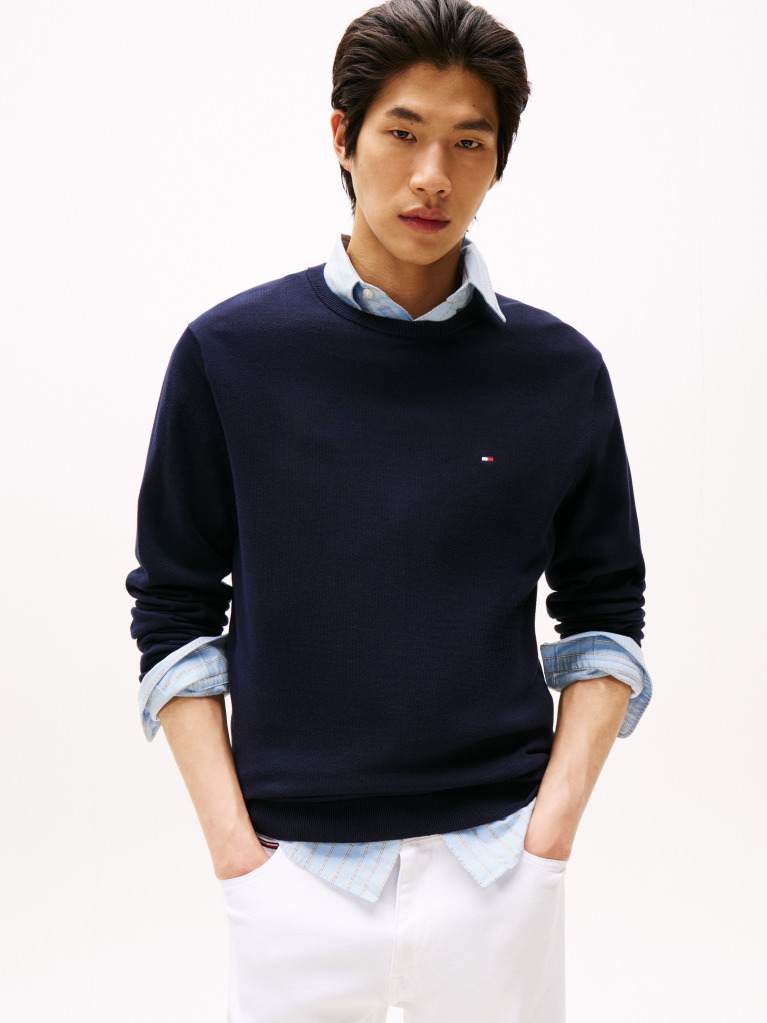 Blue Crew Neck Flag Embroidery Jumper  Men