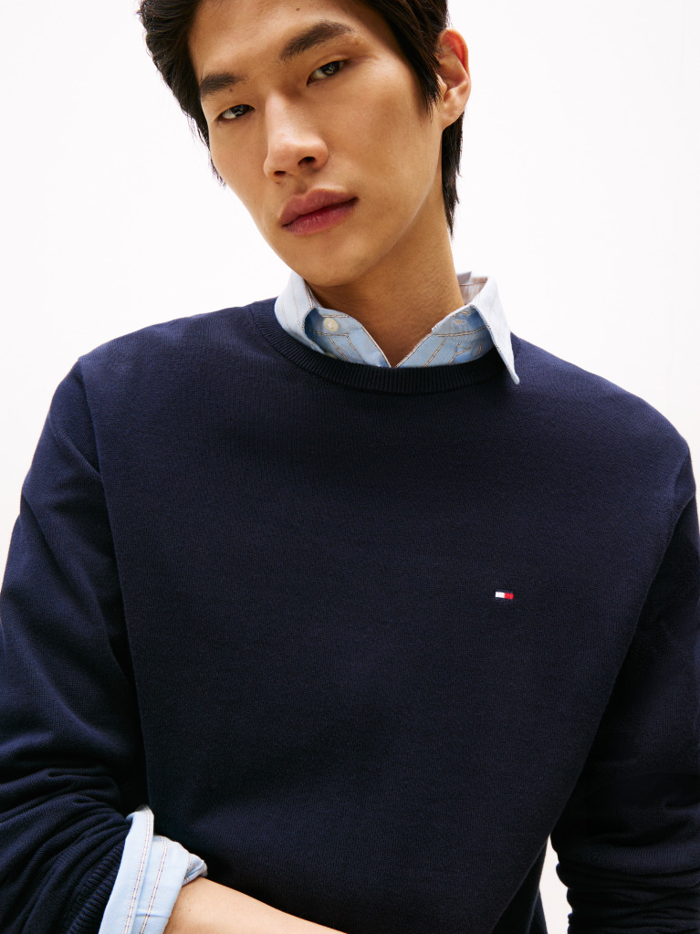 Blue Crew Neck Flag Embroidery Jumper  Men