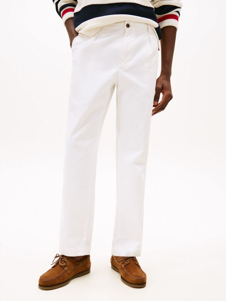 White Herringbone Tapered Leg Chinos  Men