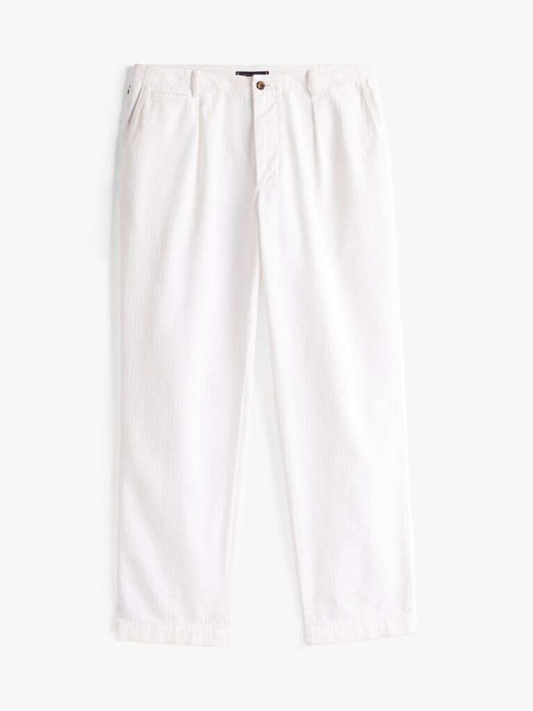 White Herringbone Tapered Leg Chinos  Men