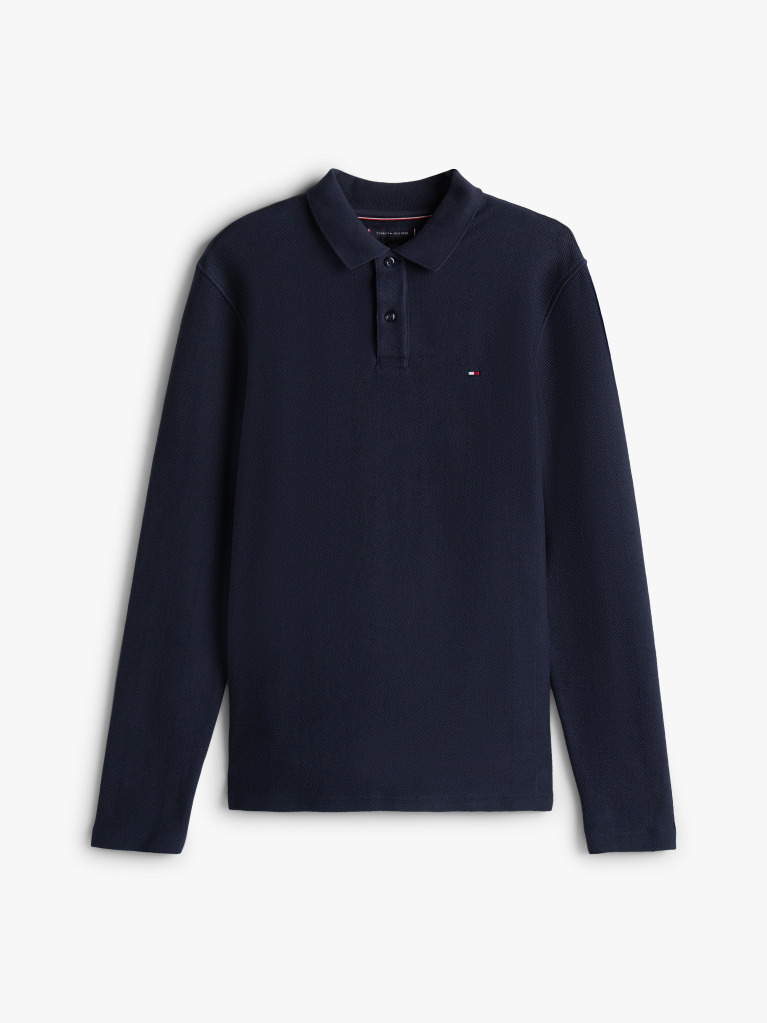 Blue Herringbone Jacquard Long Sleeve Polo Shirt  Men