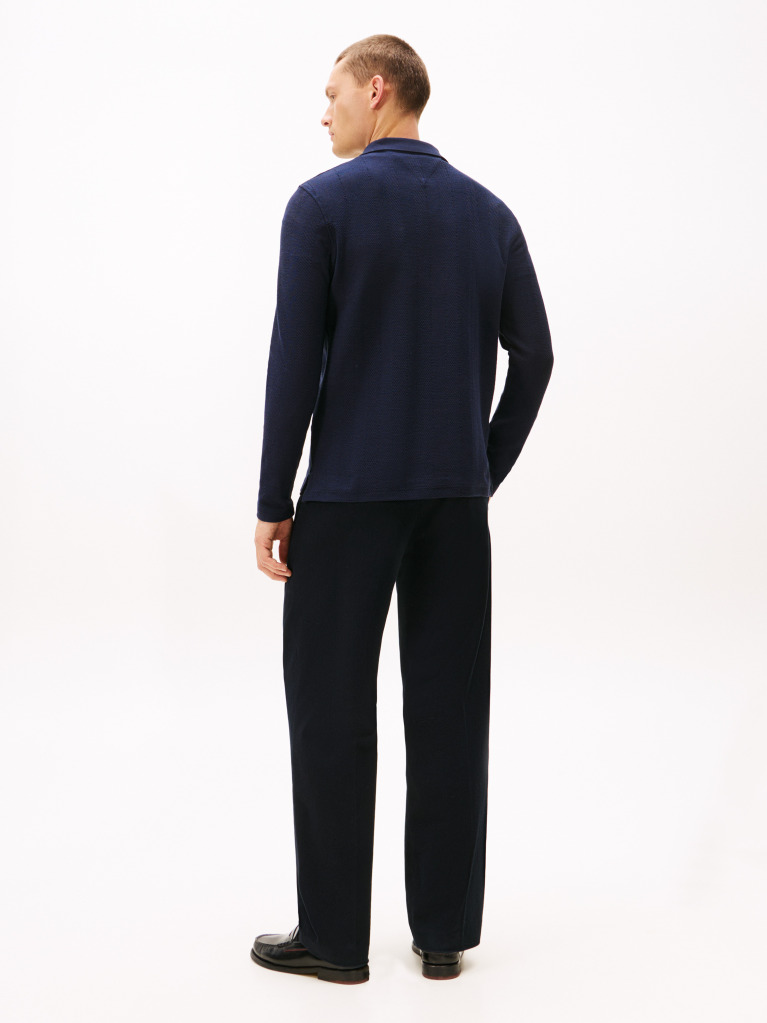 Blue Herringbone Jacquard Long Sleeve Polo Shirt  Men