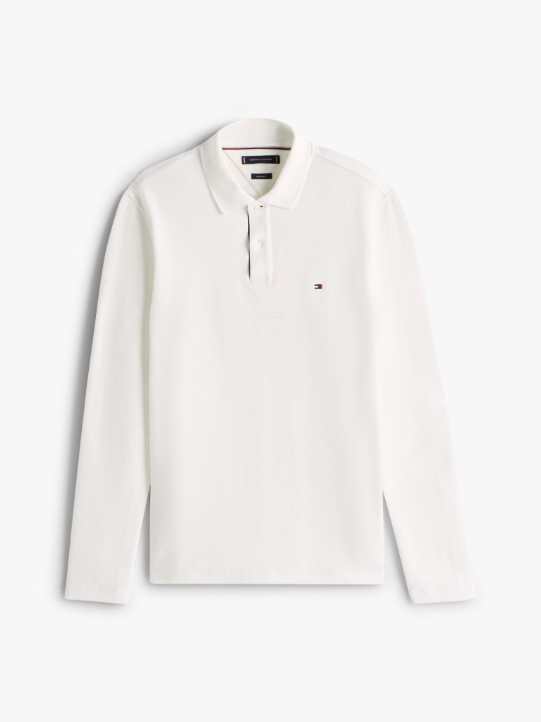 Beige Herringbone Jacquard Long Sleeve Polo Shirt  Men
