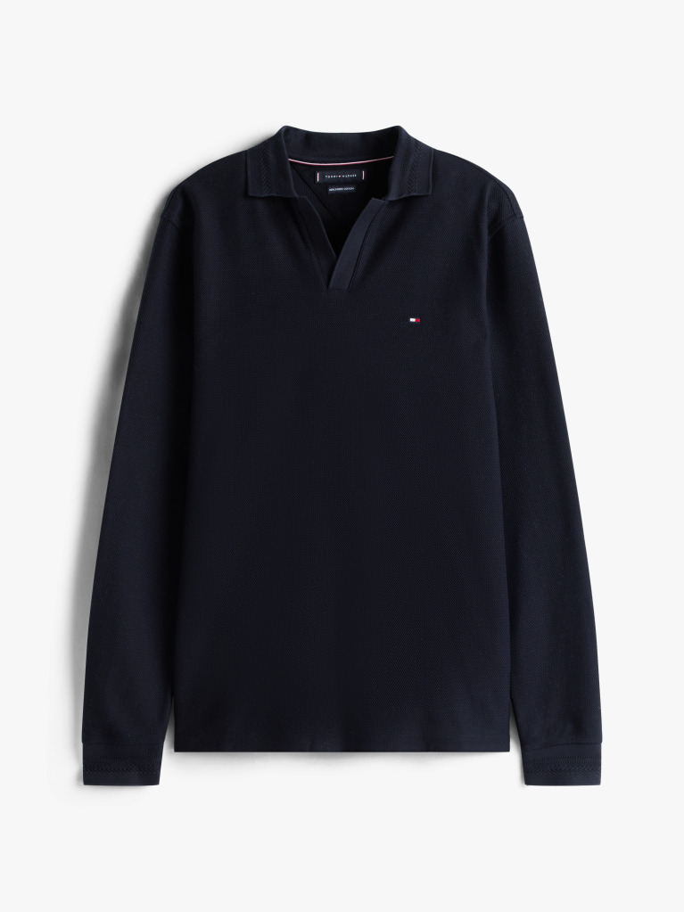 Blue Jacquard Long Sleeve Polo Shirt  Men