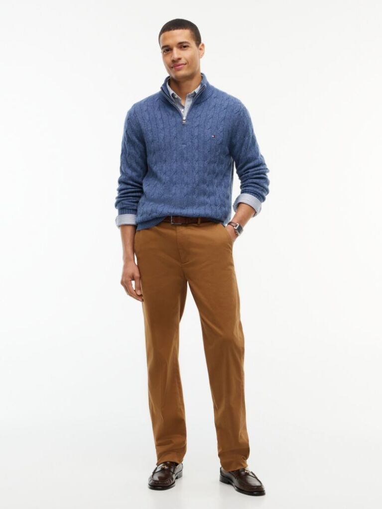 Blue Pure Lambswool Cable Knit Quarter-Zip Jumper  Men