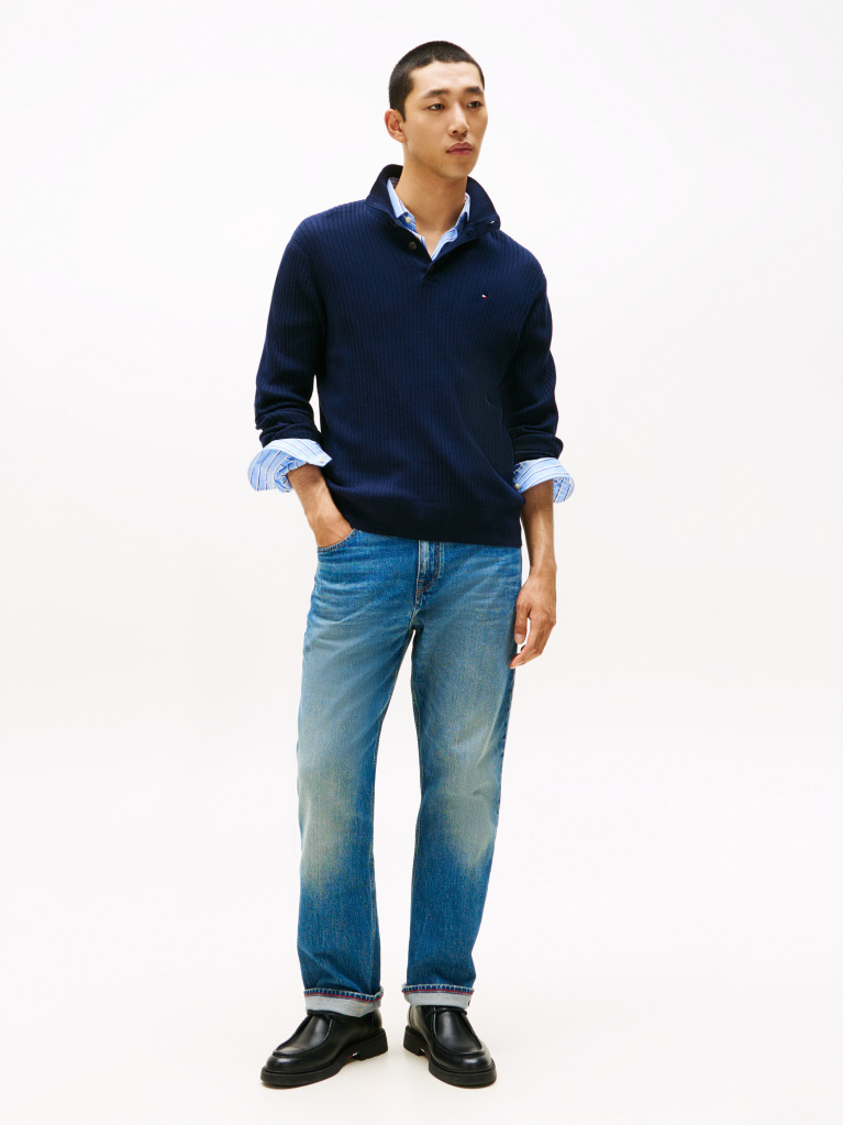 Blue Pima Cotton Mock Neck Sweater  Men