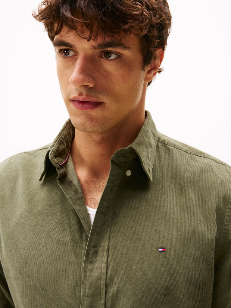 Green Regular Fit Flag Embroidery Corduroy Shirt  Men