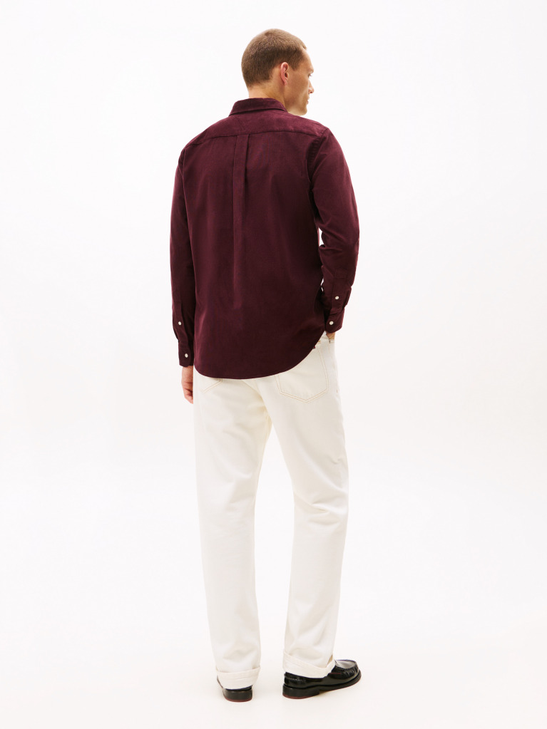 Red Regular Fit Flag Embroidery Corduroy Shirt  Men