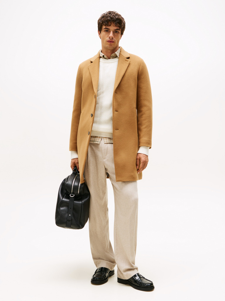 Καφέ Smart Casual Μάλλινο Παλτό Με Μονή Σειρά Κουμπιών  Άνδρες