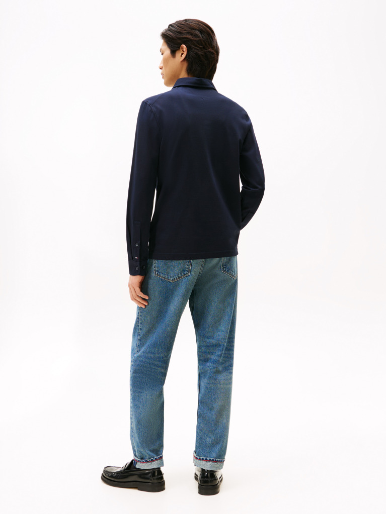 Blue Smart Casual Slim Fit Long Sleeve Polo Shirt  Men