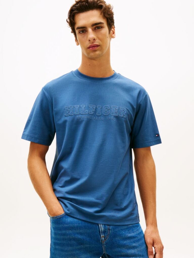 Μπλε Άνετο T-Shirt Με Στρογγυλή Λαιμόκοψη Και Κεντημένο Λογότυπο  Άνδρες