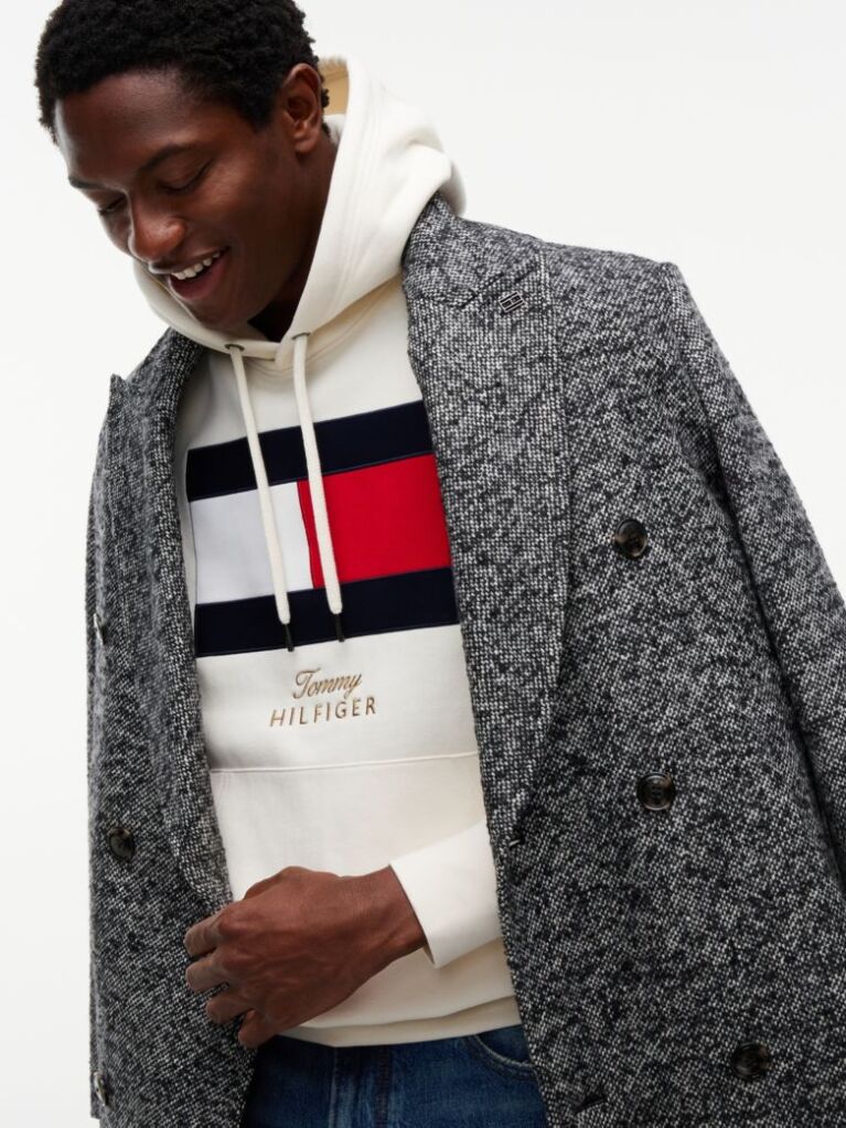 Beige Flag Embroidery Logo Fleece Hoody  Men
