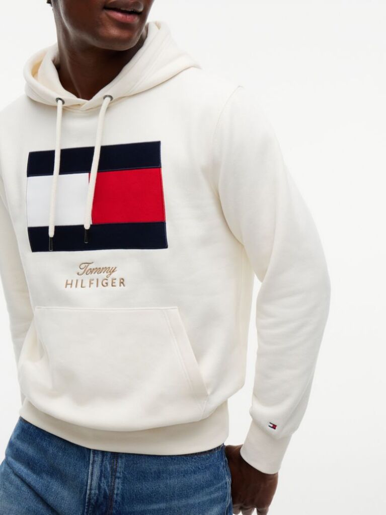 Beige Flag Embroidery Logo Fleece Hoody  Men