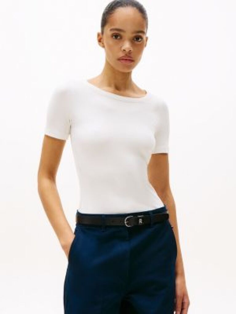 Άσπρο Slim T-Shirt Με Ριμπ Ύφανση  Γυναίκες