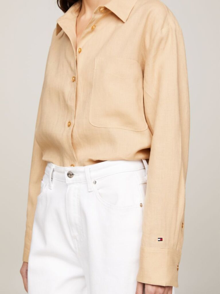 Beige Linen Patch Pocket Relaxed Fit Shirt  Women