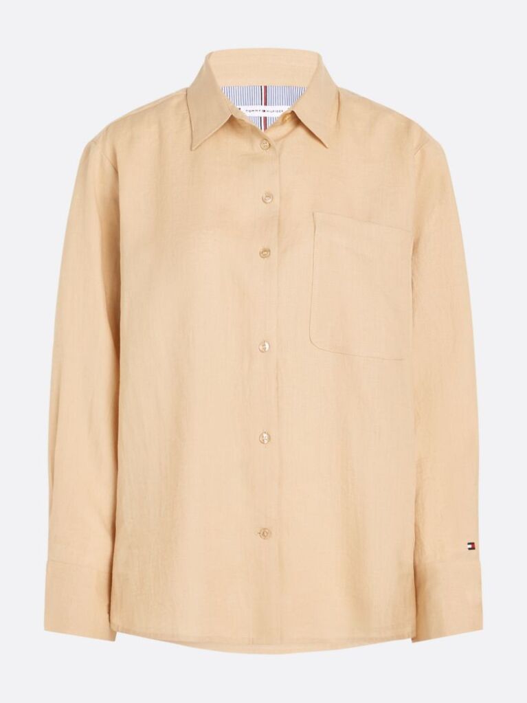 Beige Linen Patch Pocket Relaxed Fit Shirt  Women
