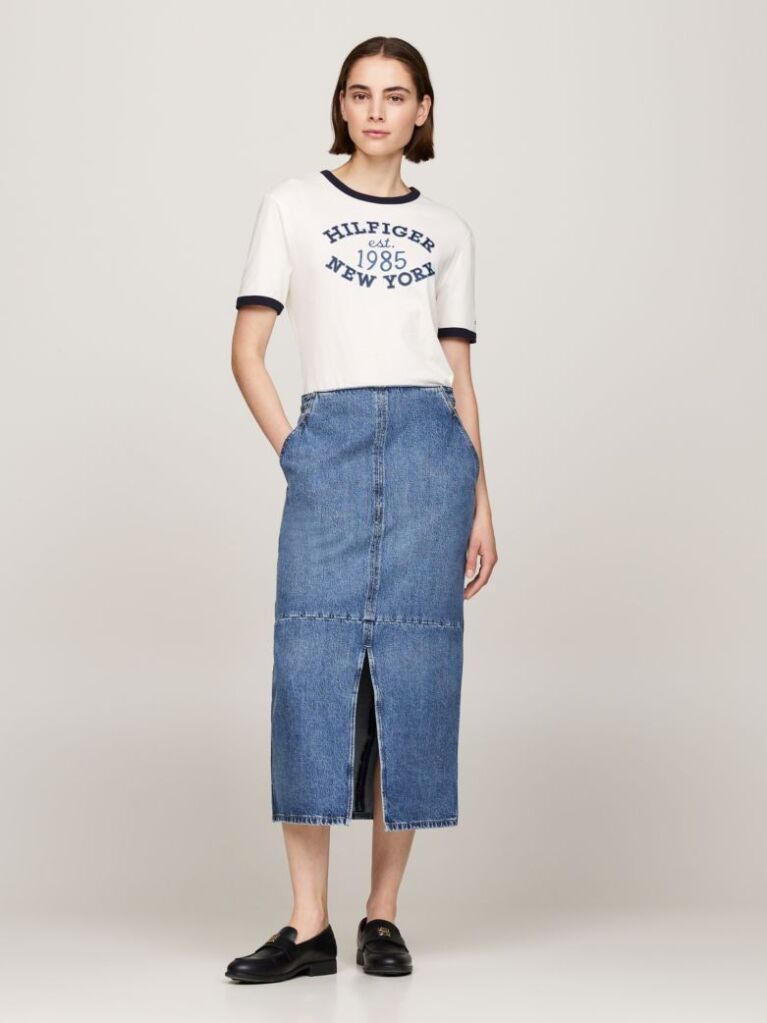Denim High Rise Slim Denim Midi Skirt  Women