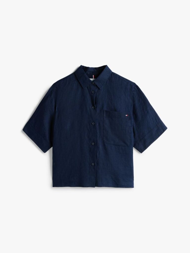 Blue Relaxed Fit Short Sleeve Linen Shirt  Women