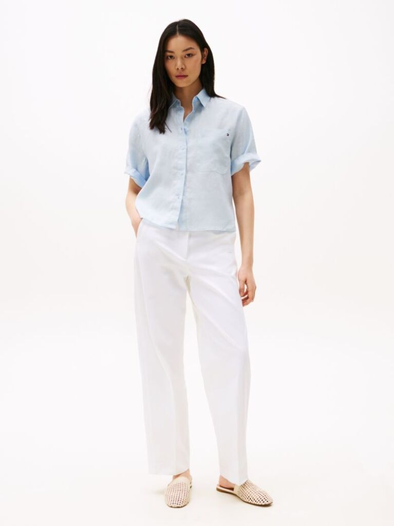 Blue Relaxed Fit Short Sleeve Linen Shirt  Women