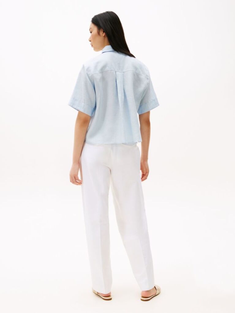 Blue Relaxed Fit Short Sleeve Linen Shirt  Women