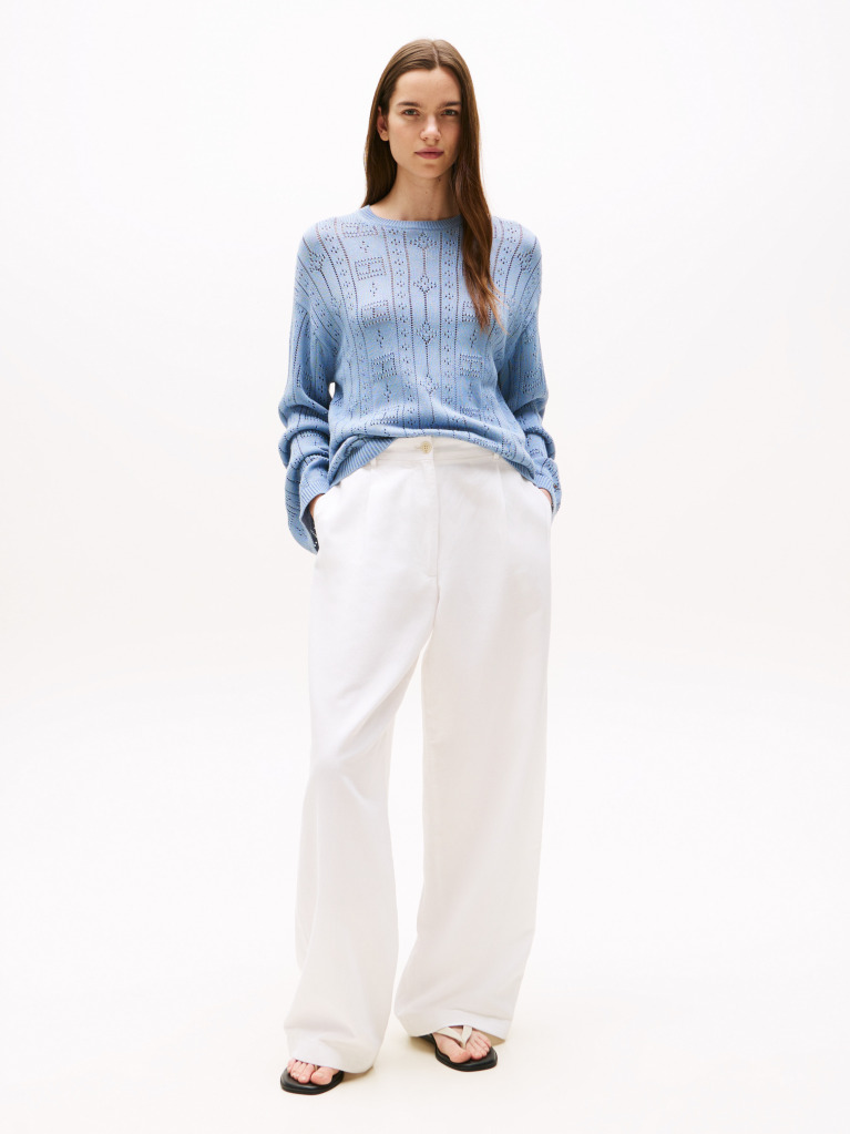 Blue Pointelle Tex Flag Relaxed Long Sleeve Sweater  Women