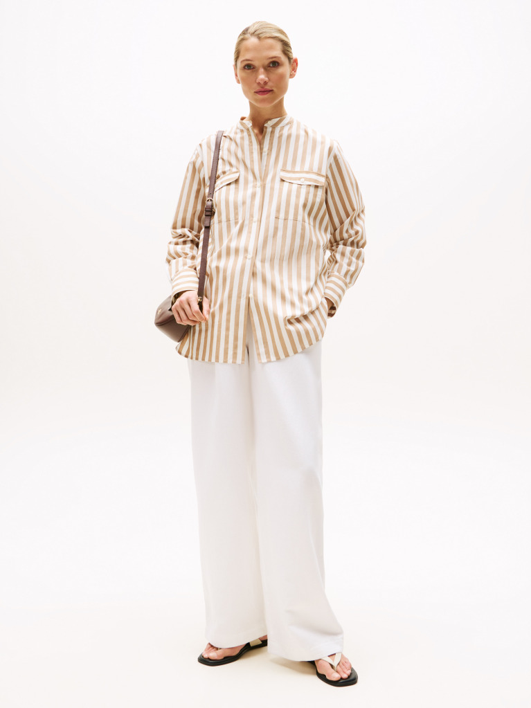Beige Collarless Poplin Shirt  Women