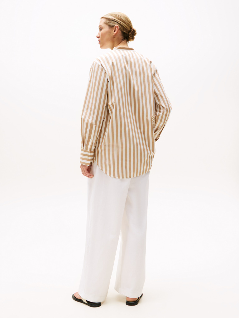 Beige Collarless Poplin Shirt  Women