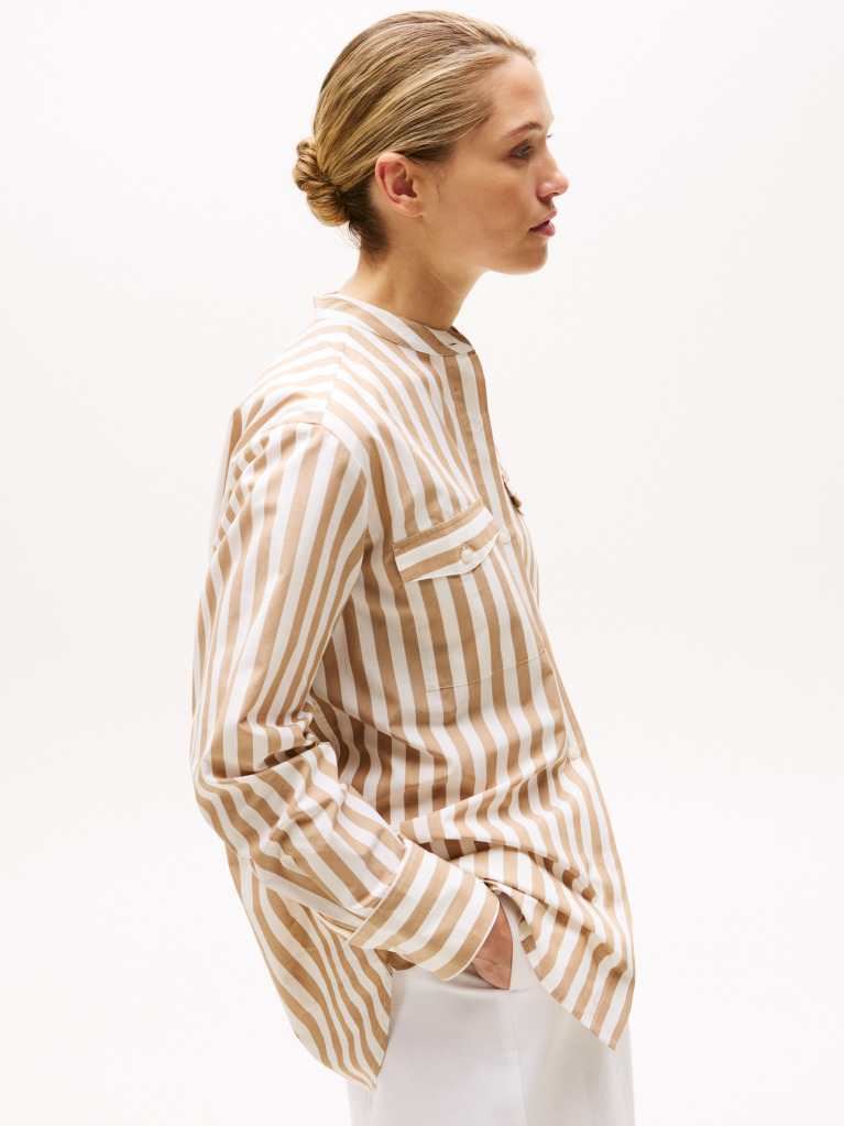 Beige Collarless Poplin Shirt  Women