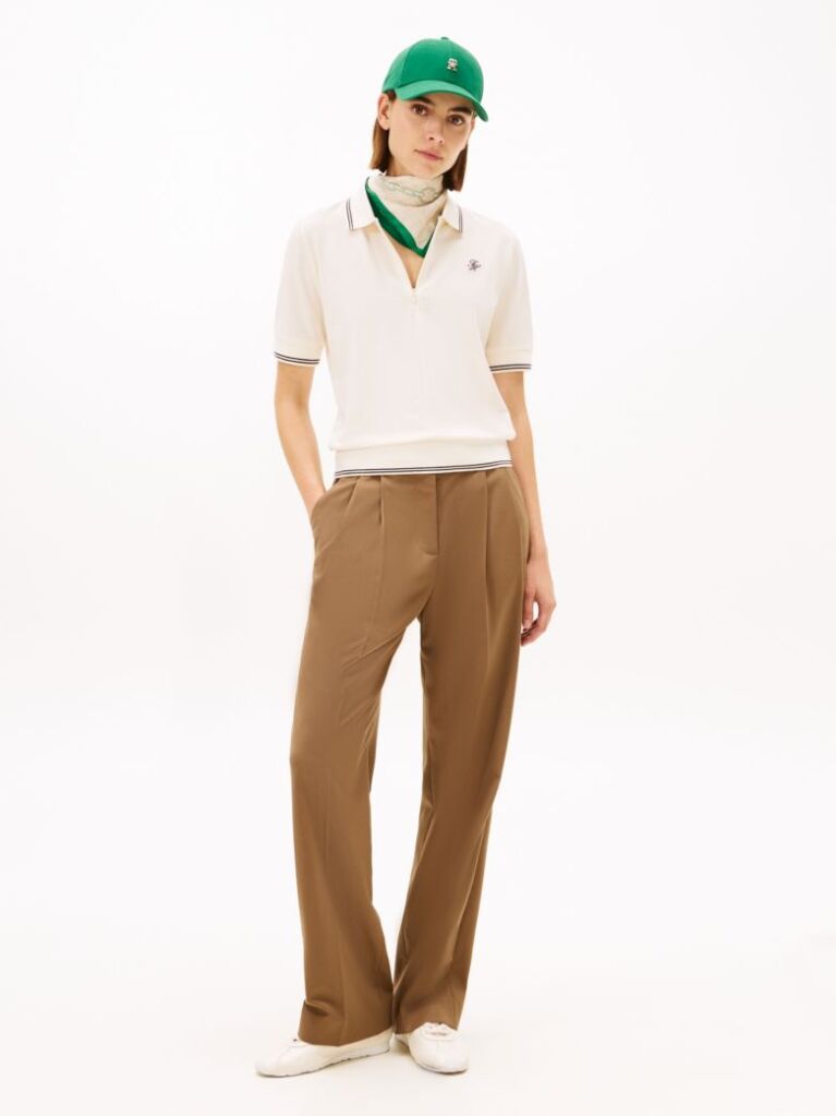Beige Regular Fit Pique Zip Polo Shirt  Women