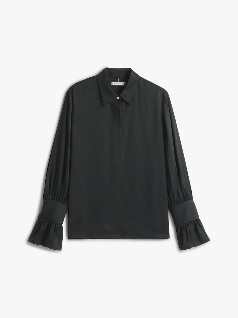 Black Relaxed Ruffle Cuff Sateen Shirt  Women