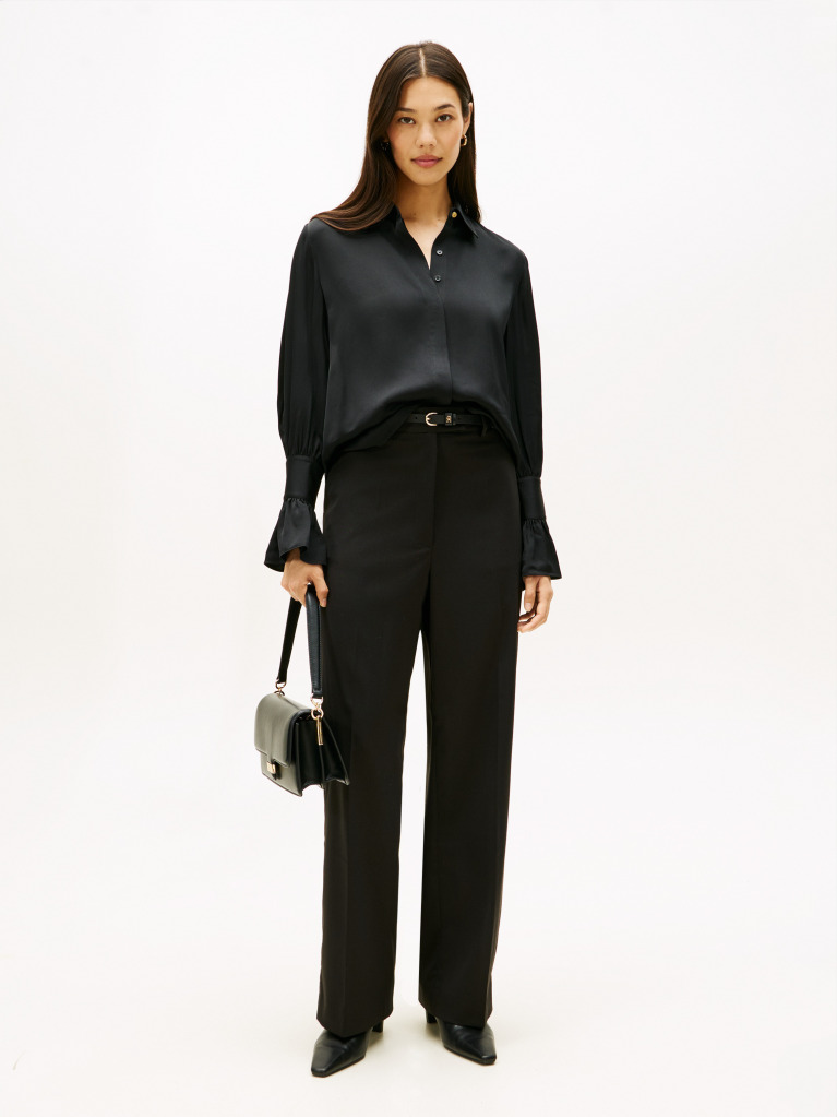 Black Relaxed Ruffle Cuff Sateen Shirt  Women