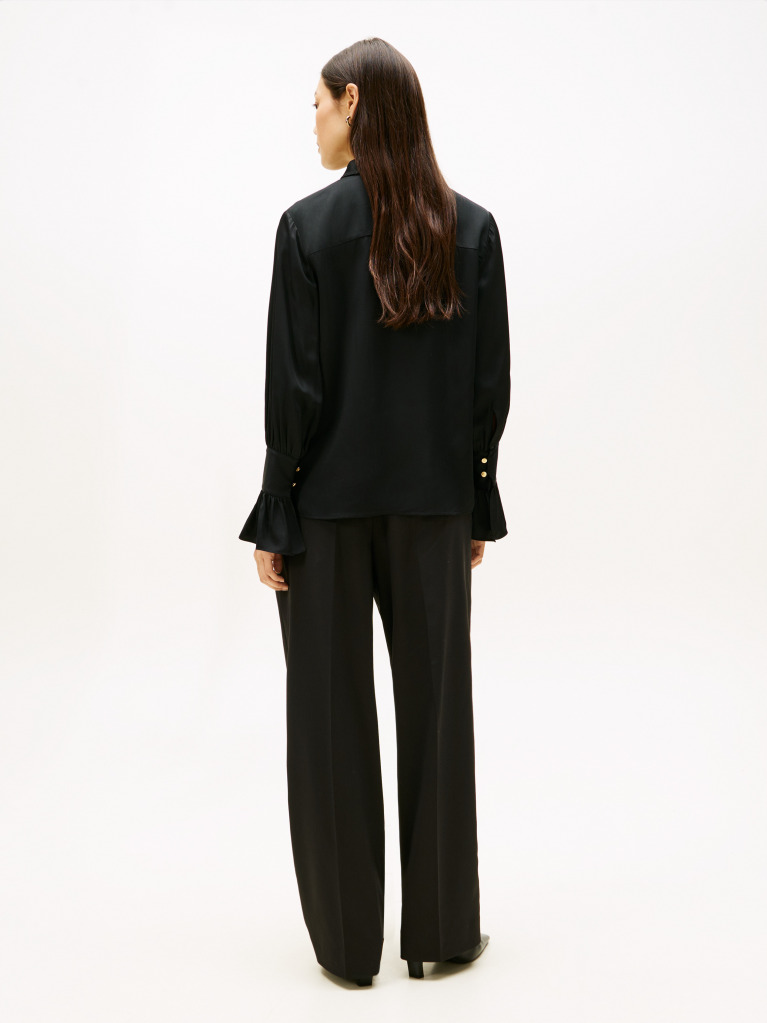 Black Relaxed Ruffle Cuff Sateen Shirt  Women