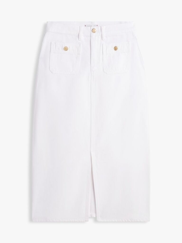 Άσπρο Λευκή Denim Midi Φούστα Με Χρυσά Κουμπιά  Γυναίκες