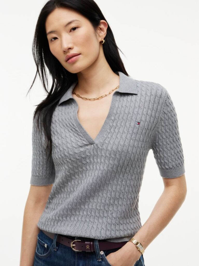 Grey Cable Knit Short Sleeve Polo Jumper  Women