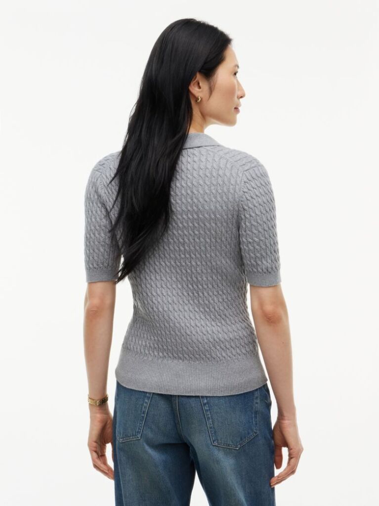 Grey Cable Knit Short Sleeve Polo Jumper  Women