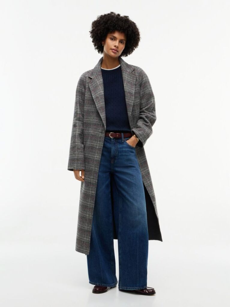 Grey Double-Faced Wool Blend Check Belted Coat  Women