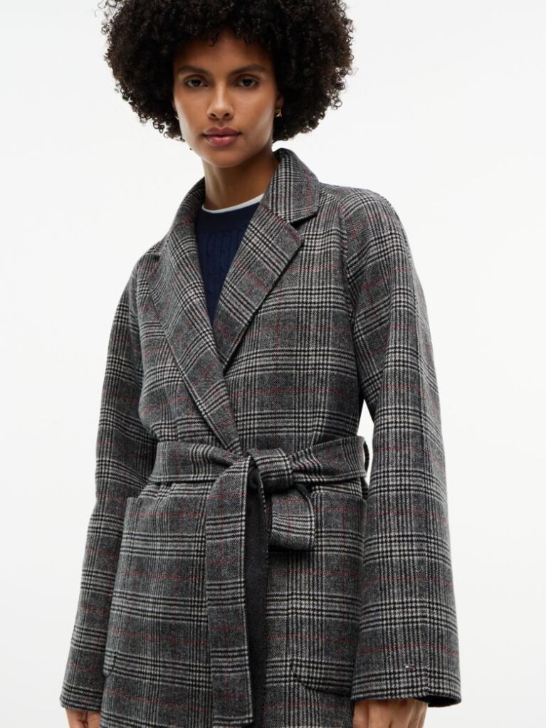 Grey Double-Faced Wool Blend Check Belted Coat  Women