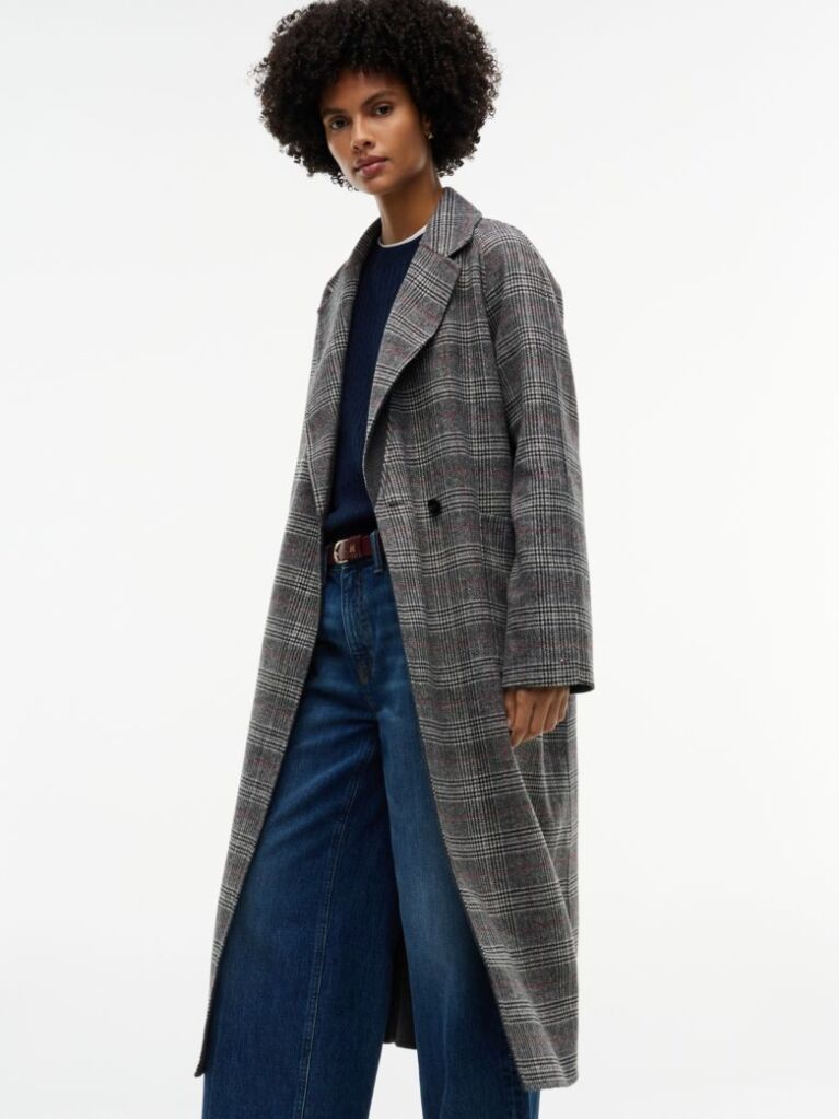 Grey Double-Faced Wool Blend Check Belted Coat  Women