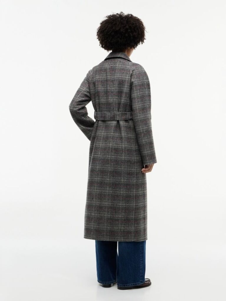 Grey Double-Faced Wool Blend Check Belted Coat  Women