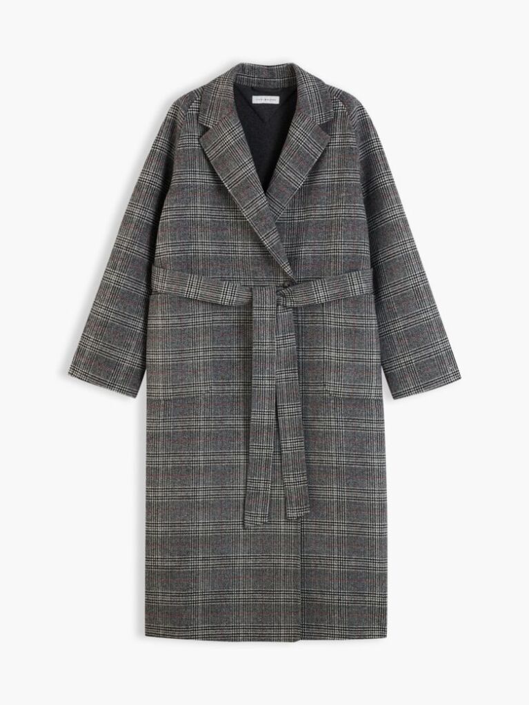 Grey Double-Faced Wool Blend Check Belted Coat  Women