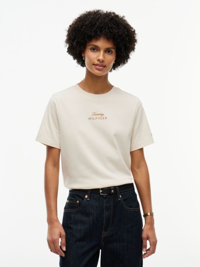 Μπεζ T-Shirt Με Κλασική Λαιμόκοψη Και Κεντητό Λογότυπο  Γυναίκες