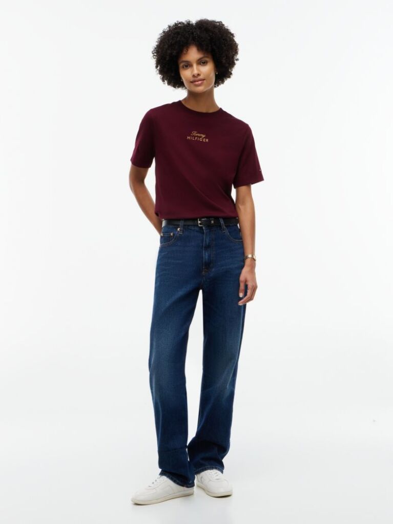Red Logo Embroidery Crew Neck T-Shirt  Women