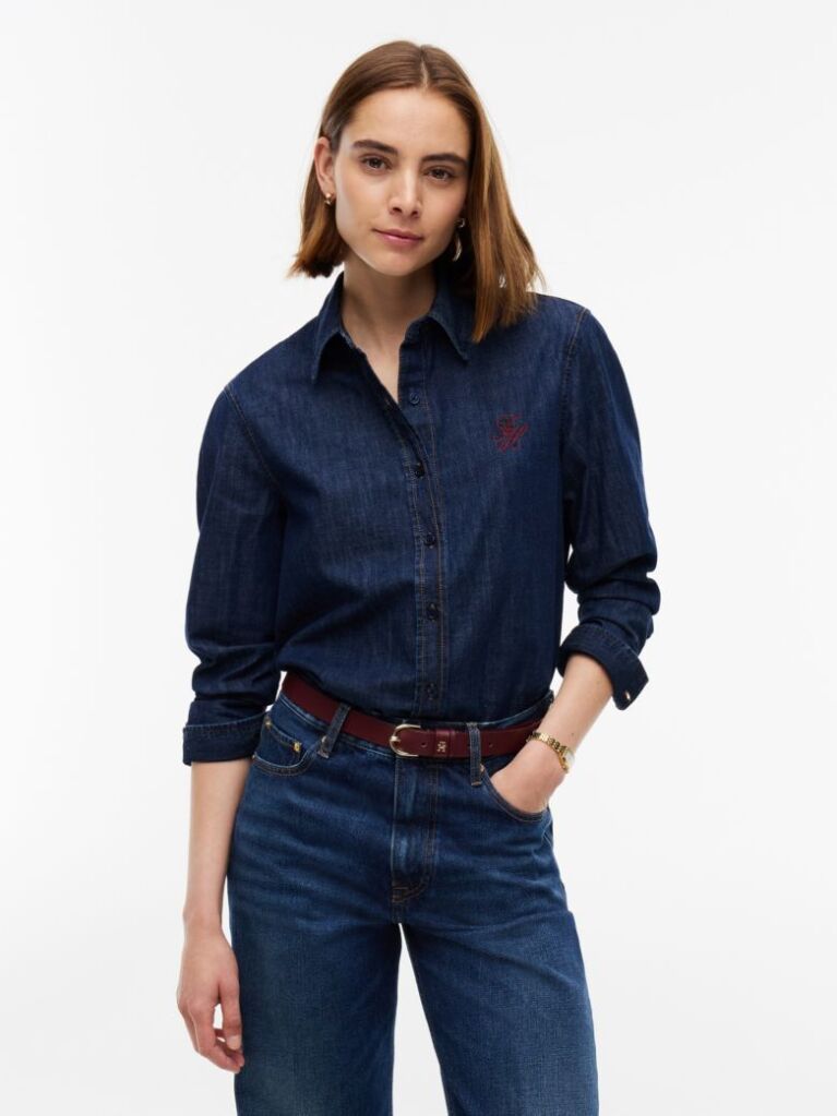 Μπλε Άνετο Denim Πουκάμισο Με Κεντητό Λογότυπο  Γυναίκες