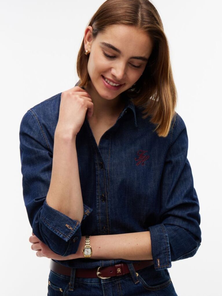 Μπλε Άνετο Denim Πουκάμισο Με Κεντητό Λογότυπο  Γυναίκες
