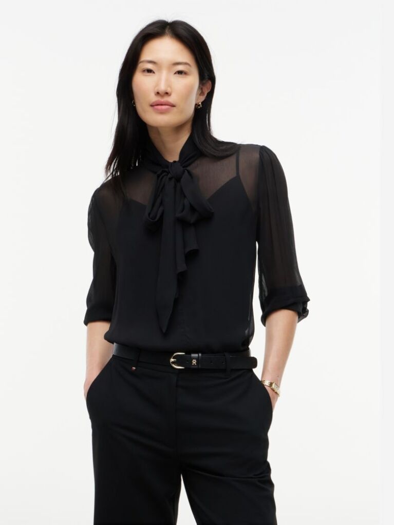 Black Regular Fit Crinkle Georgette Bow Blouse  Women