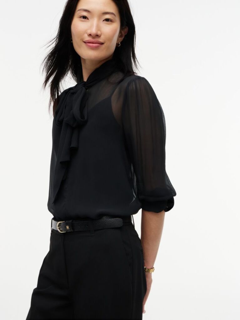 Black Regular Fit Crinkle Georgette Bow Blouse  Women