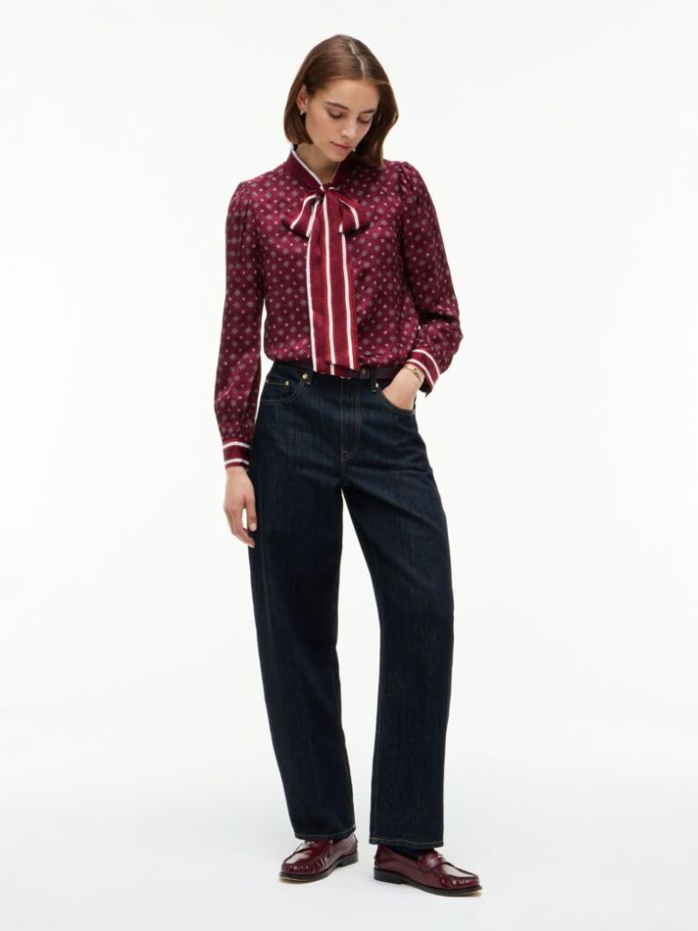 Red Regular Fit Tie Neck Jacquard Shirt  Women