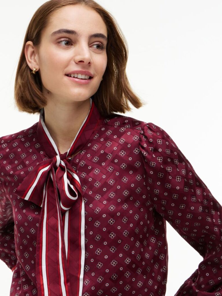 Red Regular Fit Tie Neck Jacquard Shirt  Women