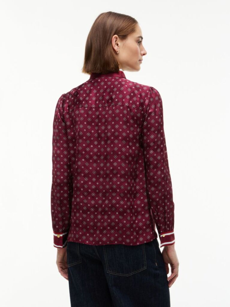 Red Regular Fit Tie Neck Jacquard Shirt  Women