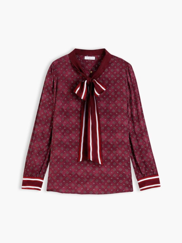 Red Regular Fit Tie Neck Jacquard Shirt  Women